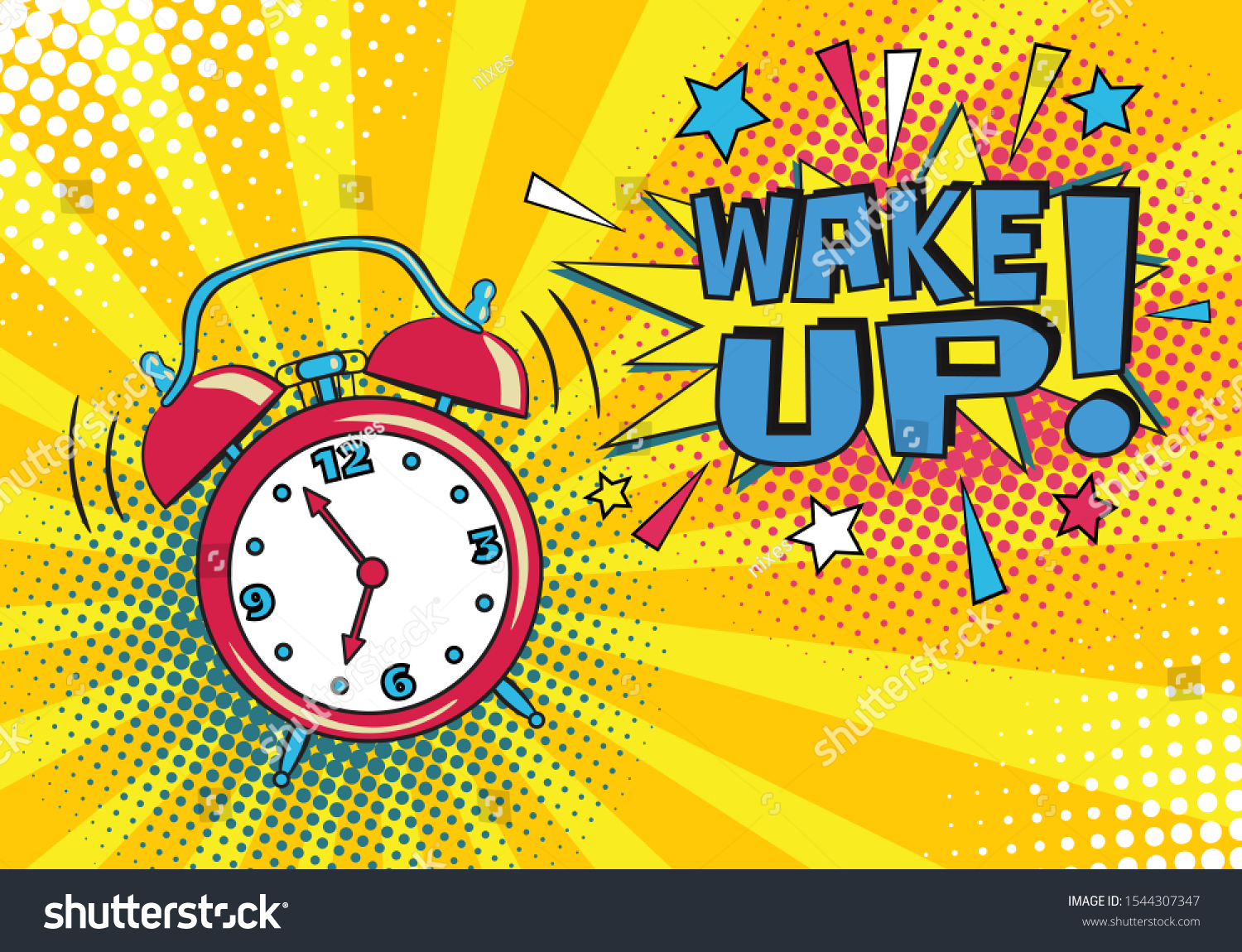 Background with comic alarm clock ringing and speech bubble. The inscription "Wake up". Bright dynamic cartoon in retro pop art style. Juicy vector illustration.
