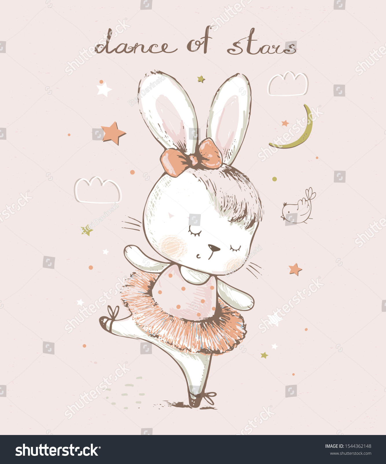 Cute  cartoon baby bunny hare  ballerina. hand drawn vector illustration. Can be used for baby t-shirt print  fashion print design  kids wear  baby shower celebration greeting and invitation card.