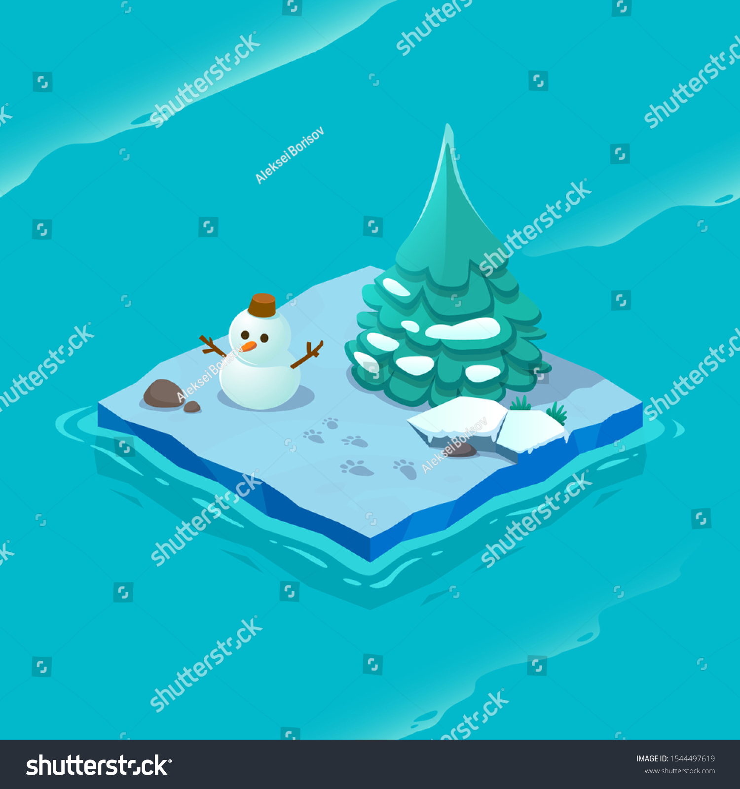 Isometric ice island with sea pattern. Vector cartoon illustration for computer games.