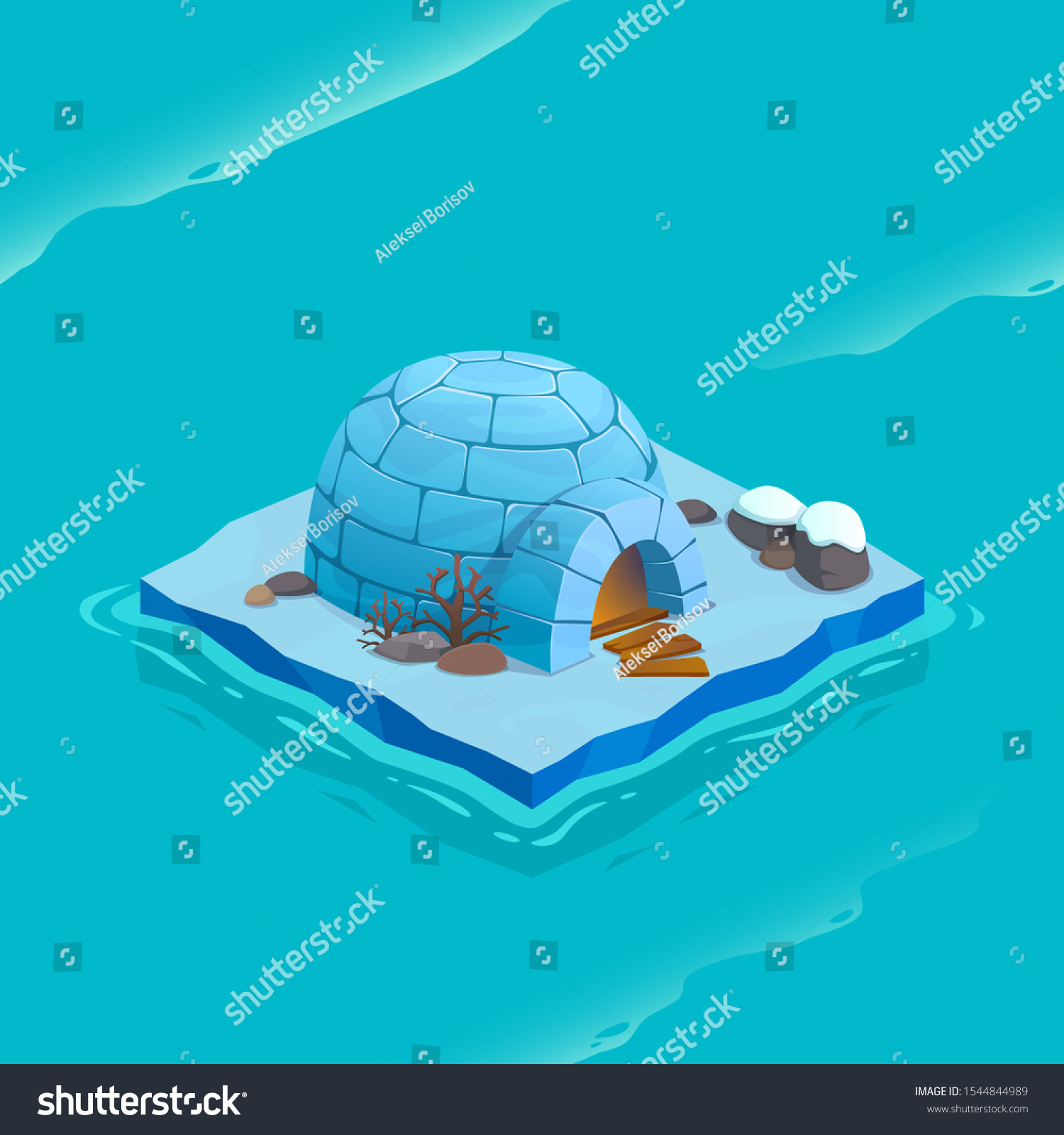 Isometric ice island with igloo. Vector cartoon illustration for computer games.