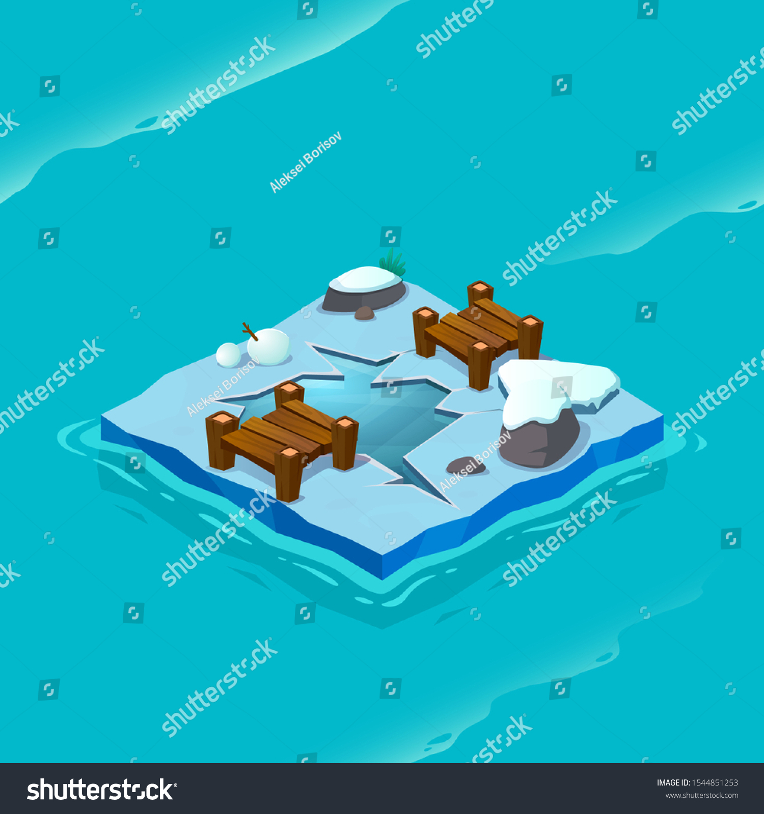 Isometric ice island with sea pattern. Vector cartoon illustration for computer games.