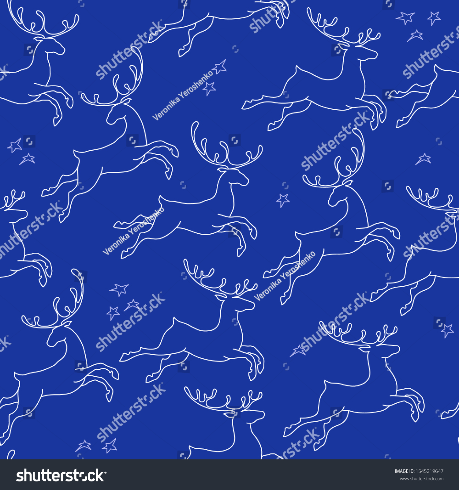 The Running deers. Seamless pattern of jumping  white line deers isolated on blue background. Outline animals and stars. Winter background with reindeer. Vector. For Christmas  New Year design.