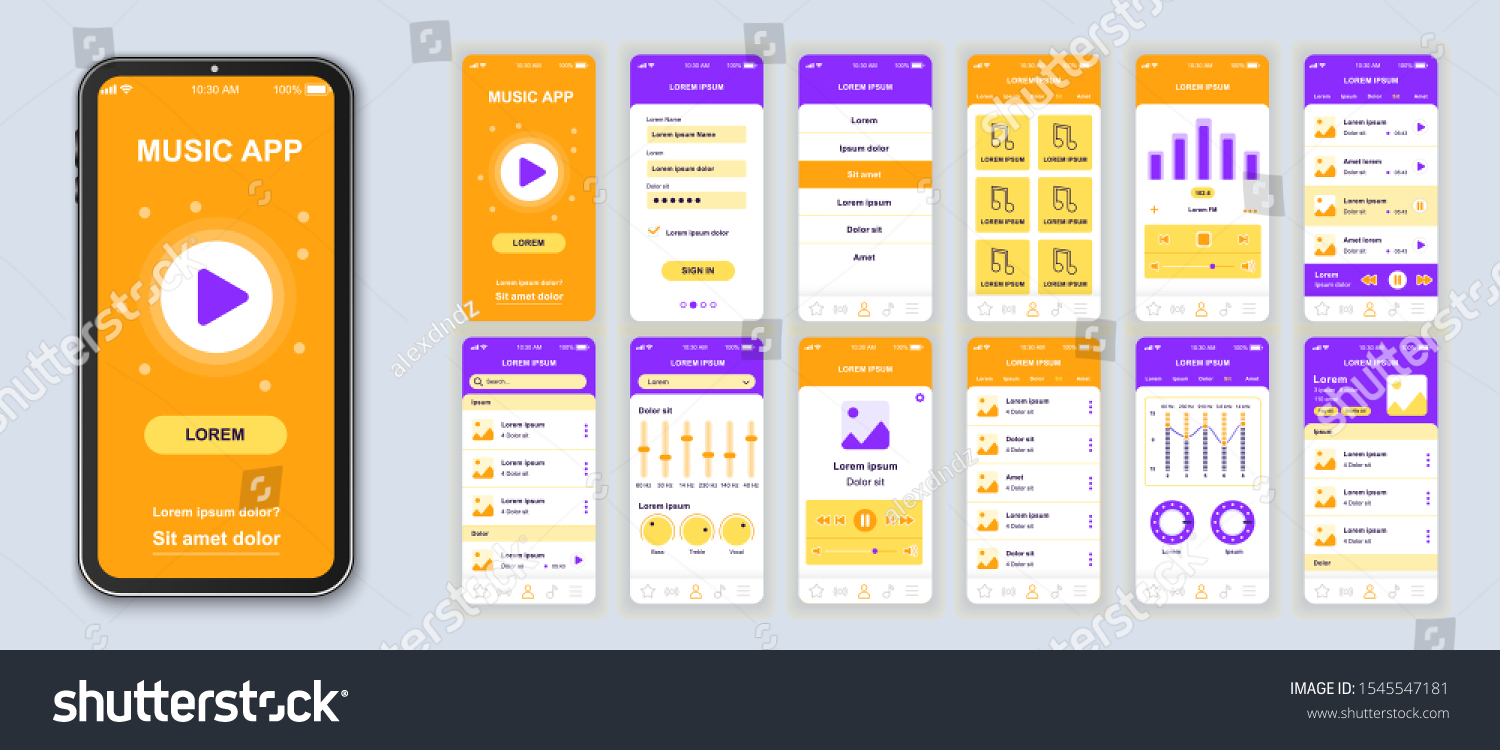 Music mobile app interface design vector templates set. Audio player