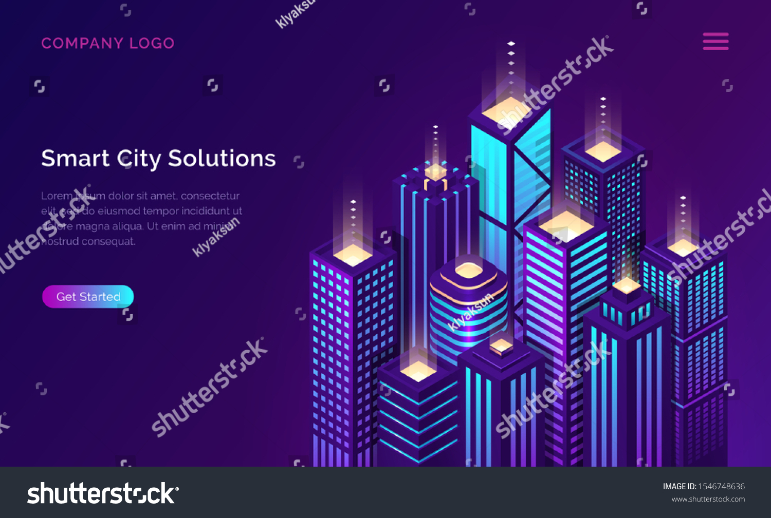 Smart city solution  internet of things and network technology  isometric concept vector illustration. Tall urban buildings block isolated on ultraviolet background