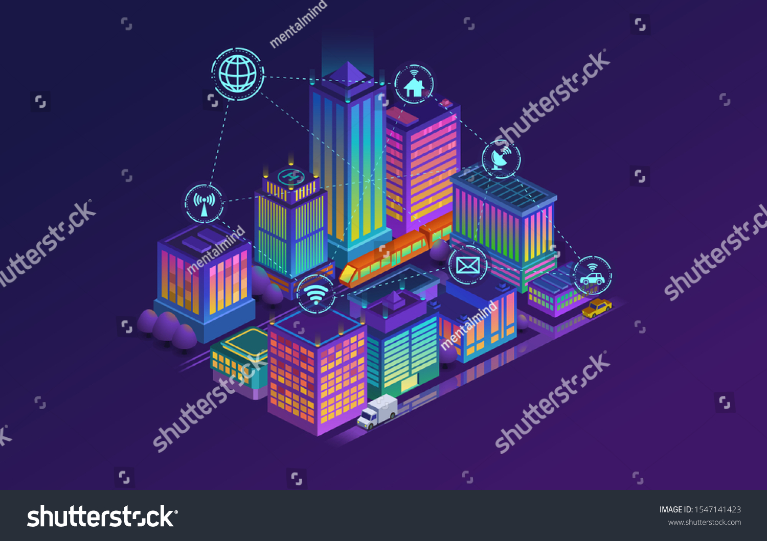 Smart city concept. Building automation with computer networking. Vector illustration