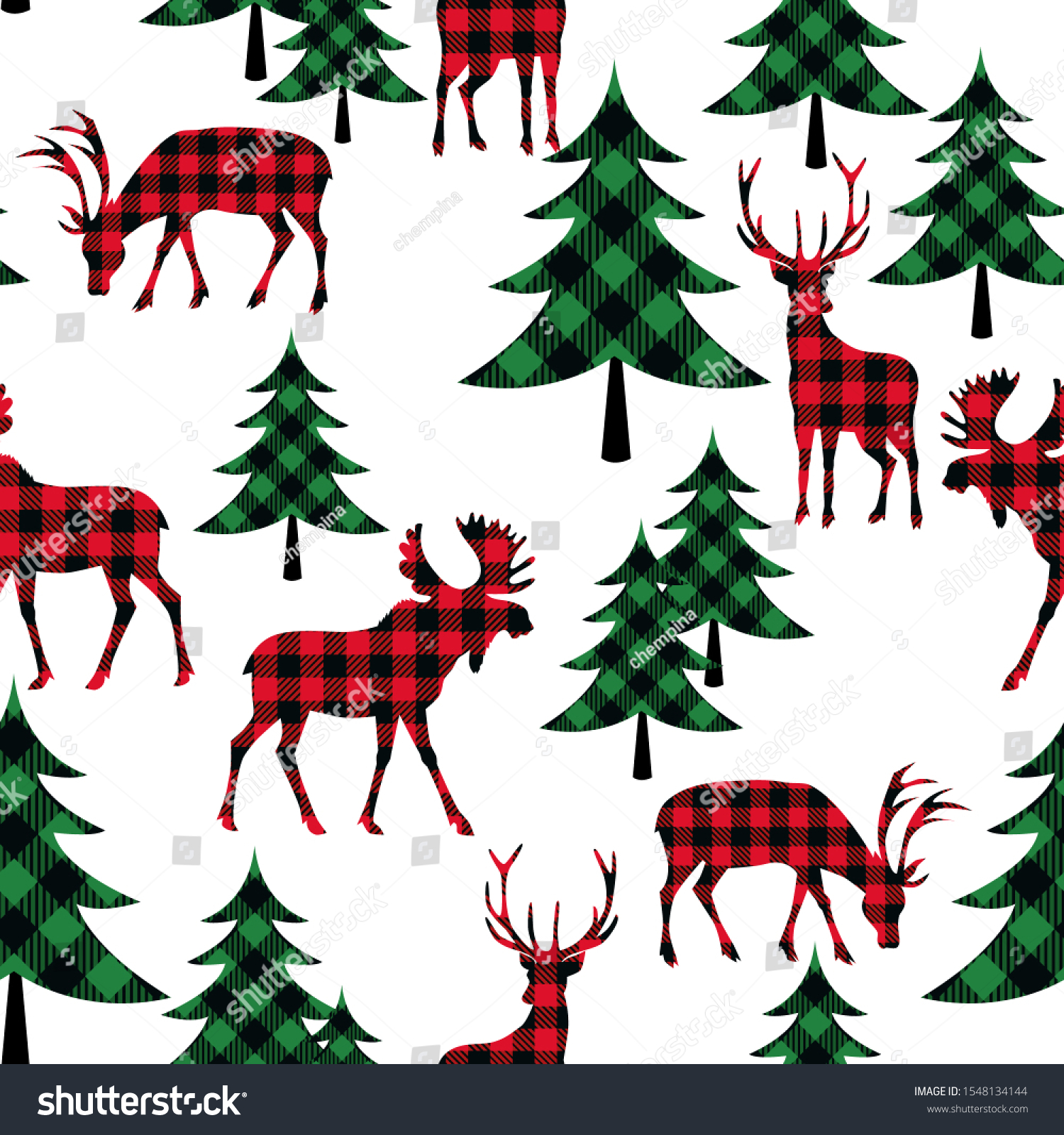 
Buffalo plaid woodland seamless pattern. Checkered animals (deer  moose) and  fir trees on a white background. Lumberjack vector illustration.