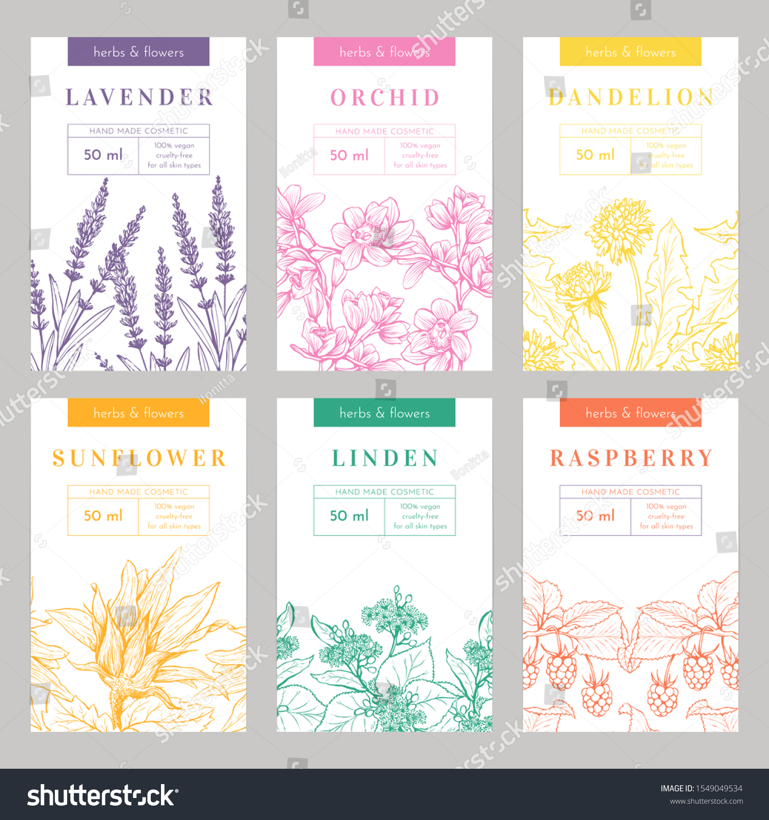 Hand made products hand drawn vector packaging templates set. Herbal cosmetics  natural beauty product branding  identity design. Eco skincare with linden  sunflower  lavender organic ingredients