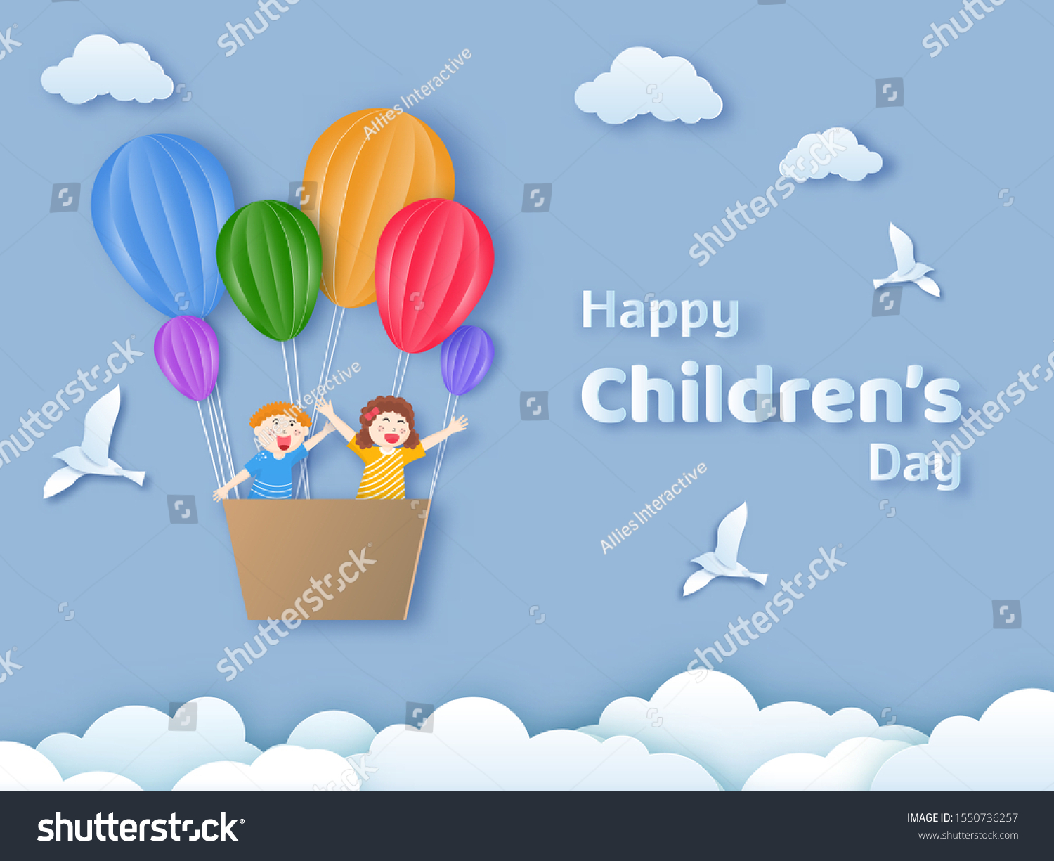 Happy Children's Day text with happy kids flying from hot air balloons on cloudy background in paper cut style. Can be used as greeting card or poster design.