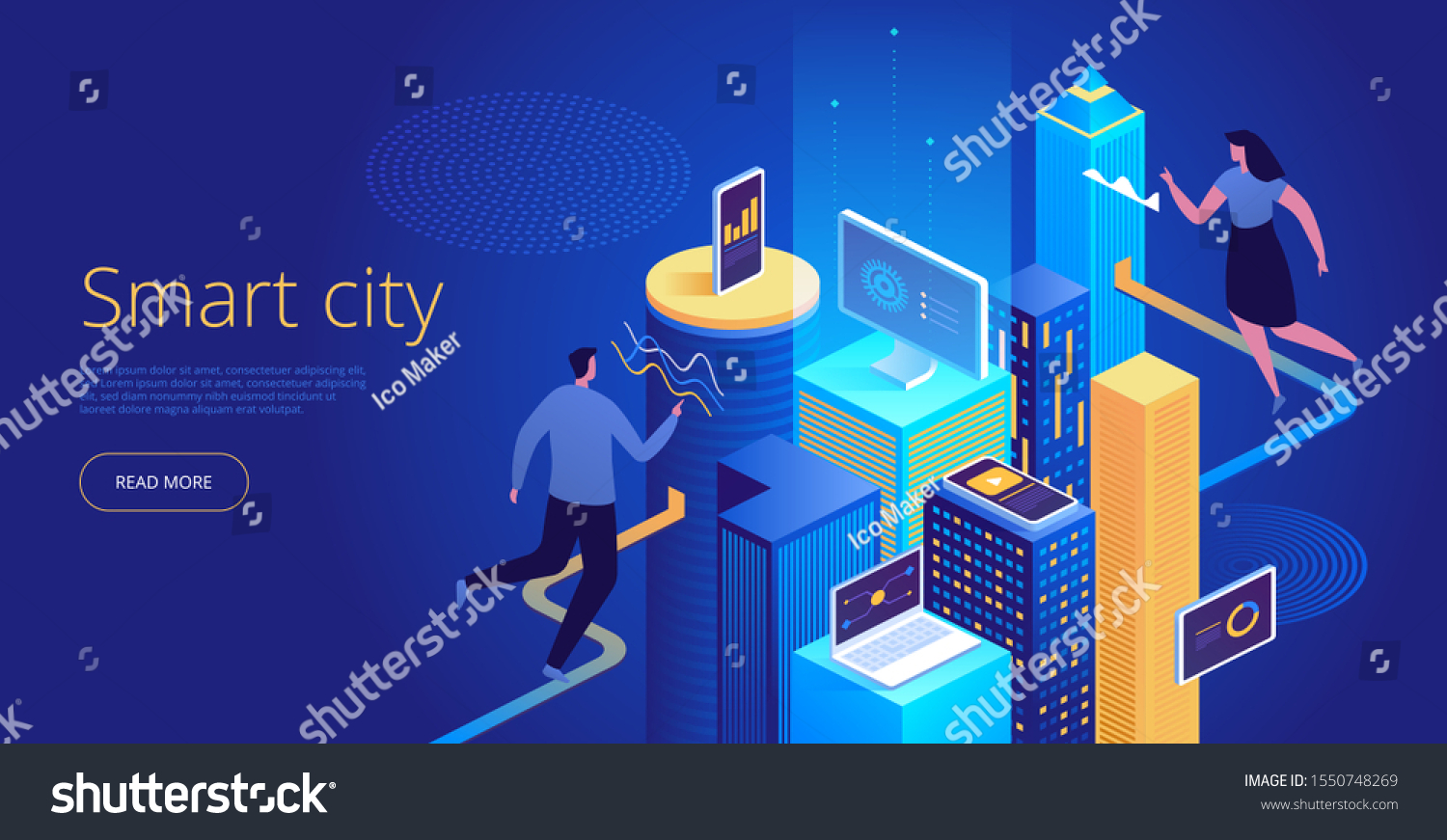 Isometric vector concept of smart city or intelligent building. Building automation with computer networking illustration. IoT platform as future technology. Management system thematic background.