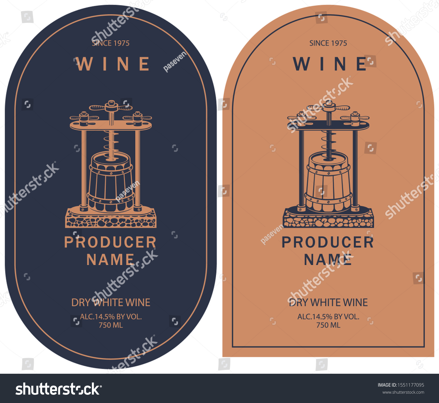 Set of two vector labels for dry white wine with image of vintage wine press and wooden barrel in retro style