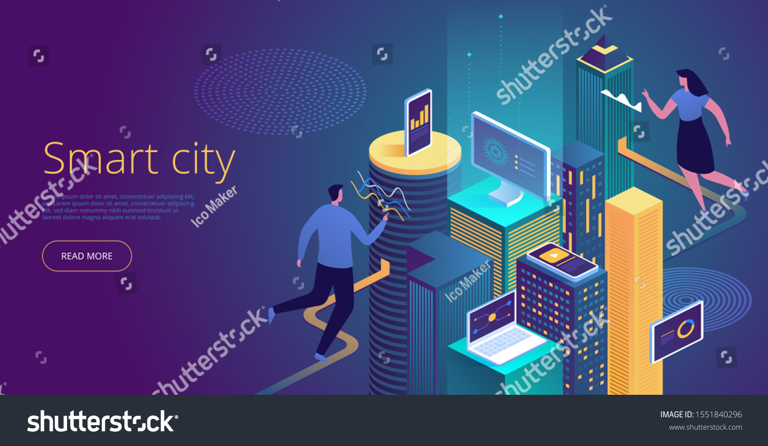 Isometric vector concept of smart city or intelligent building. Building automation with computer networking illustration. IoT platform as future technology. Management system thematic background.