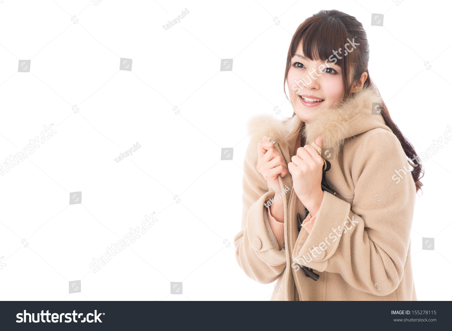 beautiful asian woman wearing coat on white background