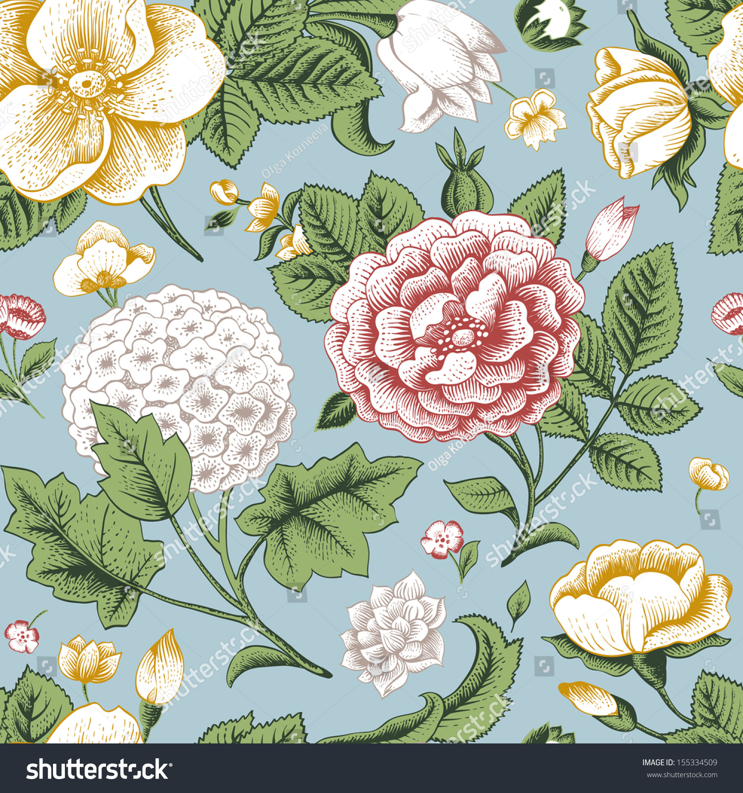 Seamless pattern with vintage flowers. Garden roses  hydrangea and dog-rose flower on a blue background. Vector illustration.