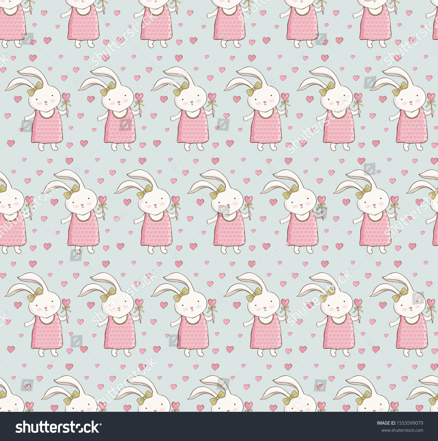 Seamless pattern with cute rabbit in vector. Сartoon little happy bunny girl. Vintage hand drawn. Kawaii funny animal. Children's holiday background. Illustration in pastel delicate colors. Doodle