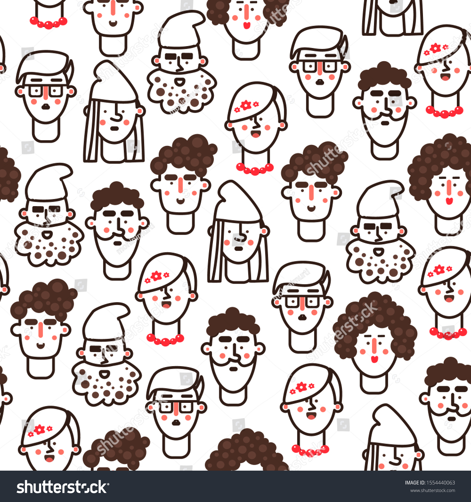 Seamless pattern of the People avatars set. Flat. Line faces