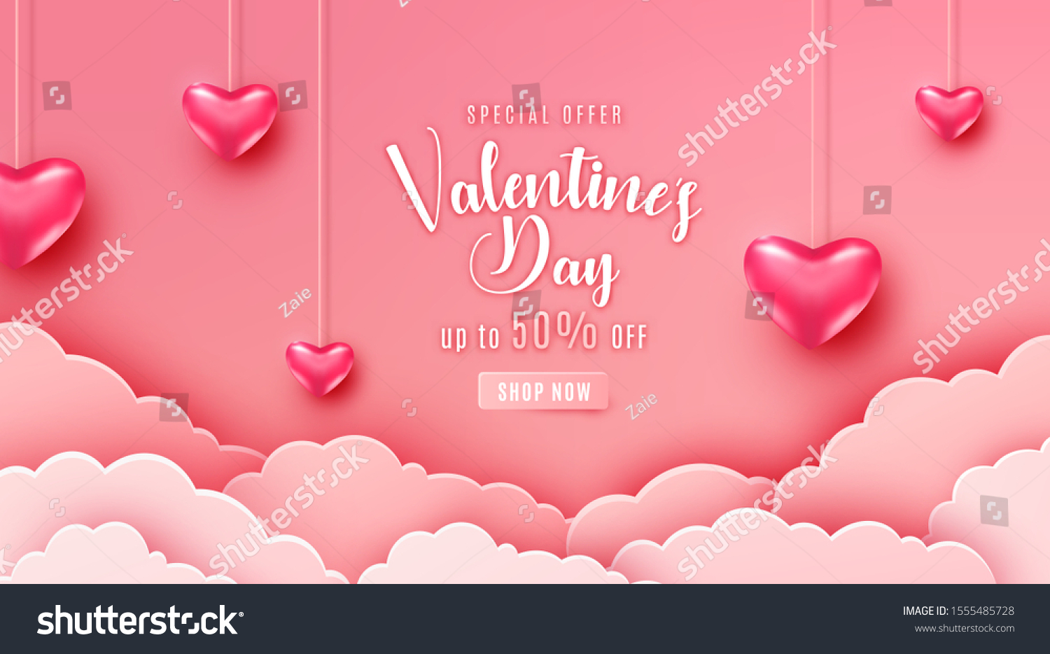 情人节快乐的问候背景纸质纸的现实风格。纸云 在弦上飞现逼真的心。粉红色横幅派对邀请模板。书法单词在复制空间上的文字签名。