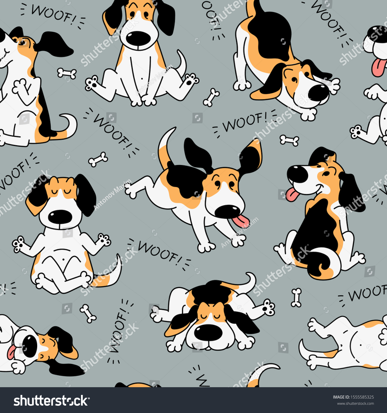 Seamless pattern with funny beagle active dog vector illustration in cartoon sketch style. Cute little puppy pet animal character for textile prints and wrapping.