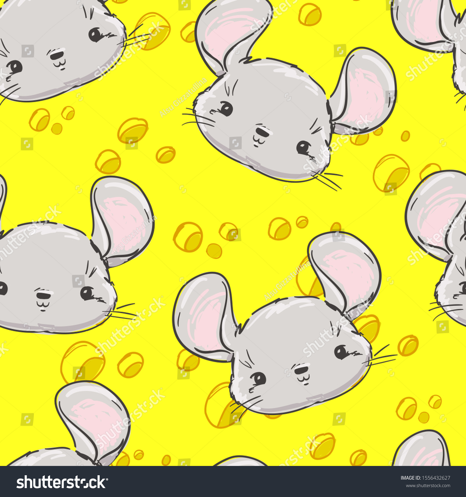 Cute mouse sketch on a background of cheese. Seamless yellow background pattern. Rat Sketch. Vector. Symbol 2020 new year chinese calendar.