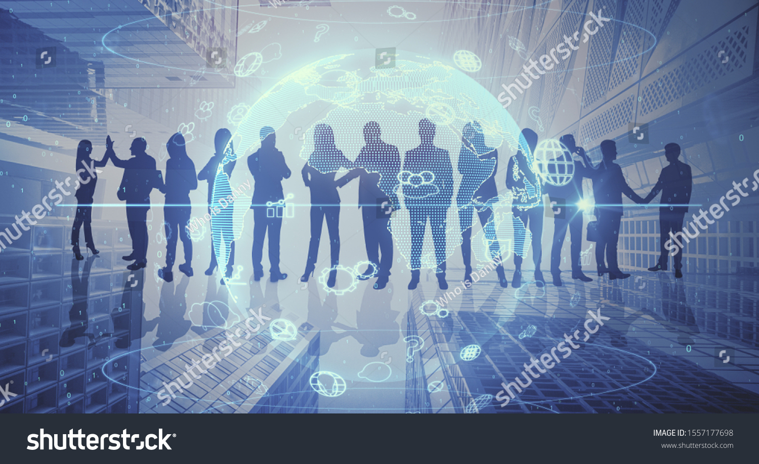 Abstract crowd silhouette on city background. Success and meeting concept. Multiexposure