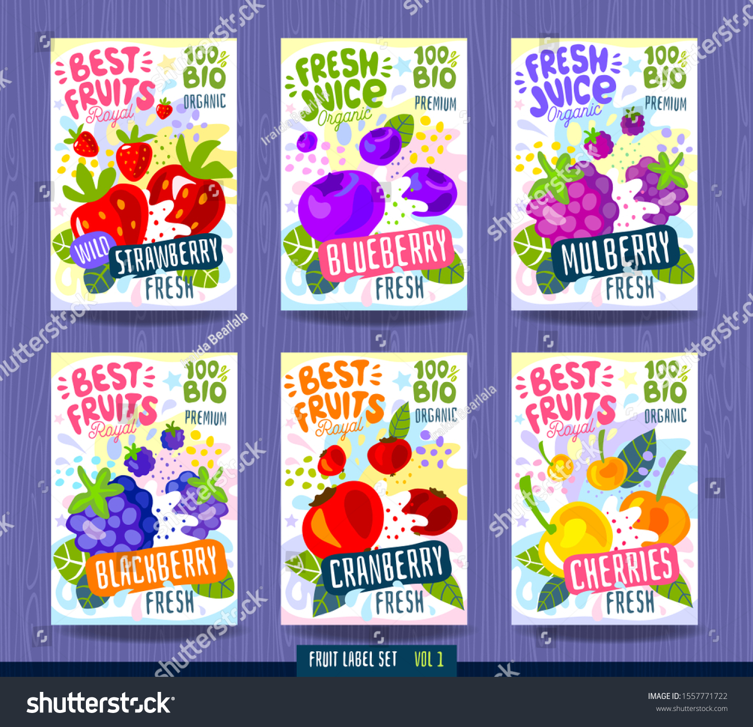Abstract splash Food label . Colorful brush stroke. Fruits  spices  vegetables package design. Cherries  strawberry  blueberry  cranberry  blackberry  mulberry. Organic  fresh. Drawing vector
