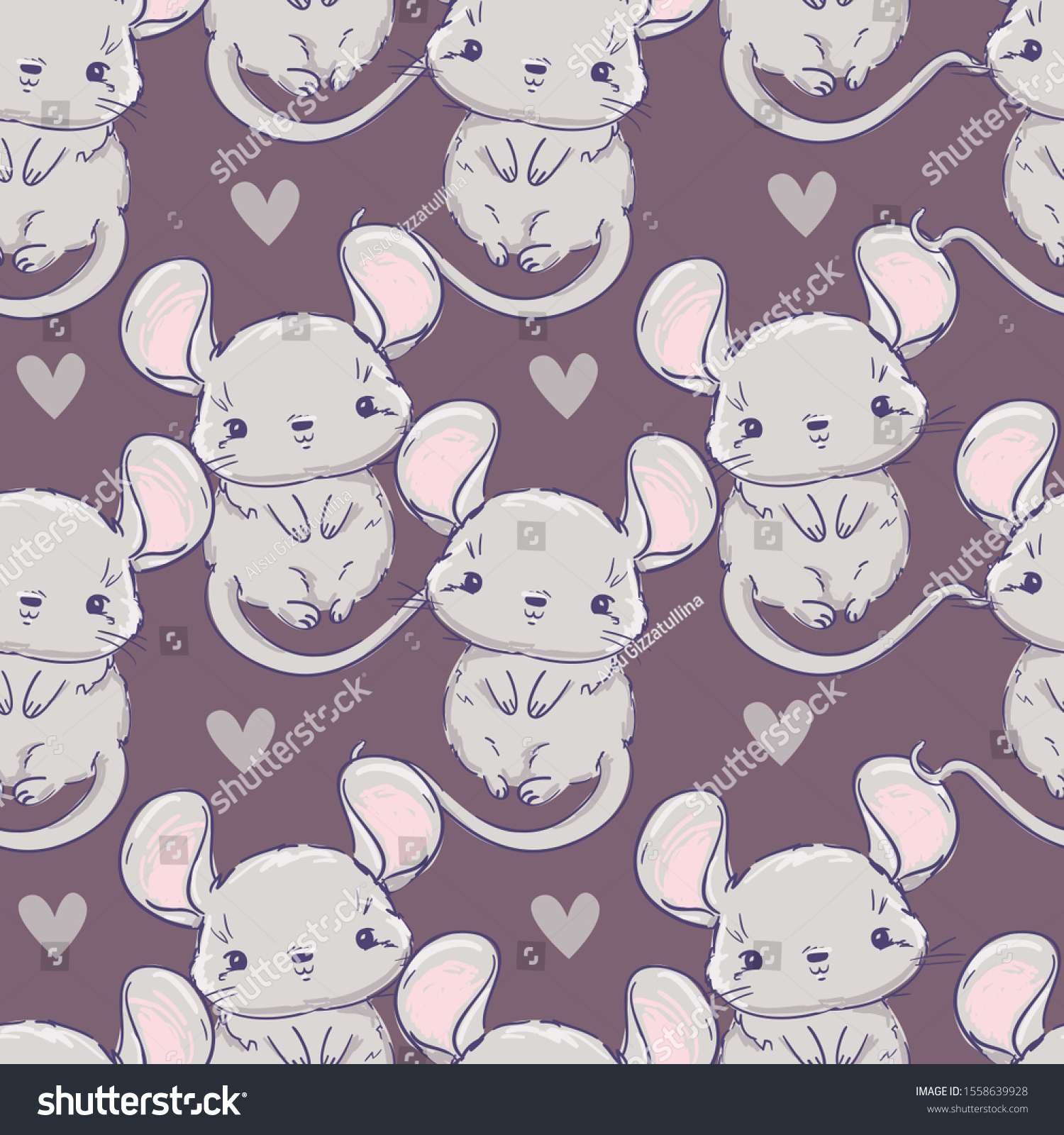 Cute gray mouse and heart pattern. Print design for nursery  textile  poster. Beautiful ornament background. Seamless vector illustration. Sketch rat.