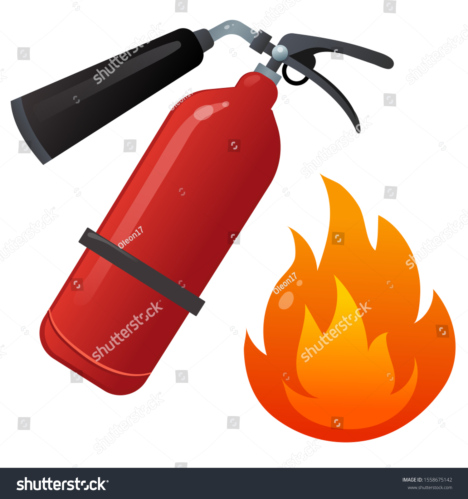 color image of fire extinguisher and flame on a white background
