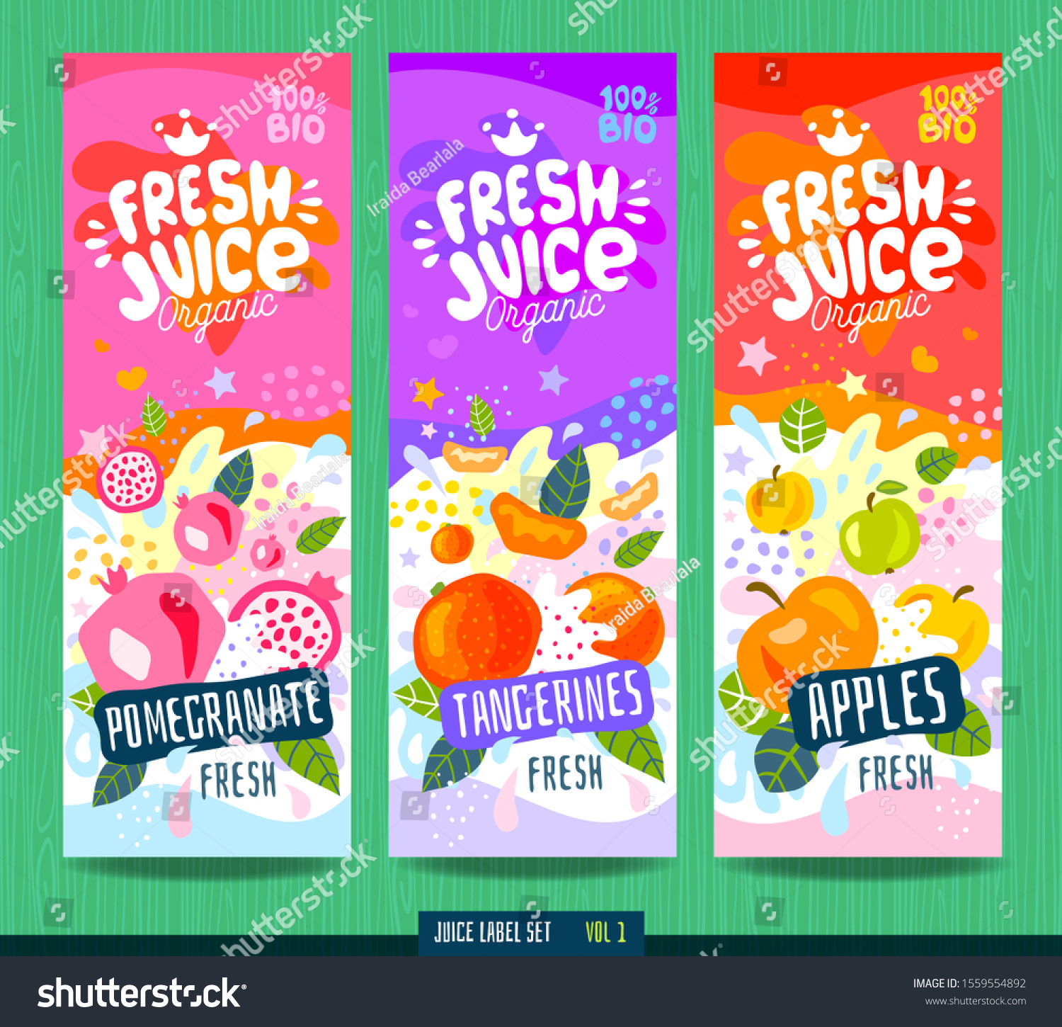 Abstract splash Food label template. Colorful brush stroke. Fruits  vegetables  drink package design. Pomegranate  tangerine  apple. Drawing vector illustration