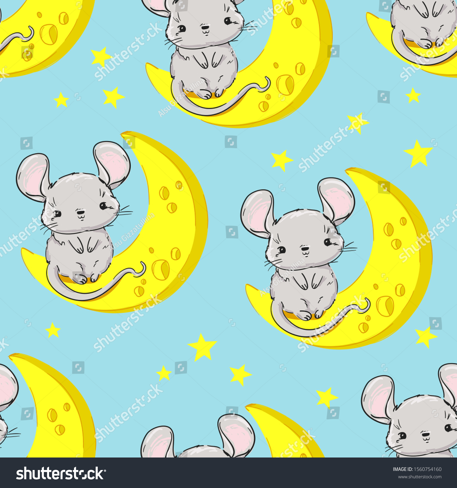 Hand drawn cute Mouse with cheese pattern seamless. Symbol 2020 new year chinese calendar.