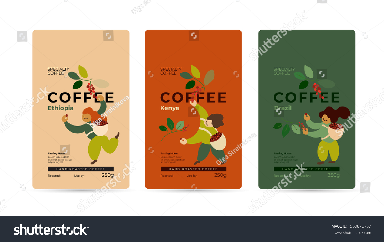 Specialty coffee packaging design concept. Set of labels  emblem for hand roasted coffee beans. Vector illustration of happy pickers are harvesting ripe red berries. Mockup for pack  ad  presentation.