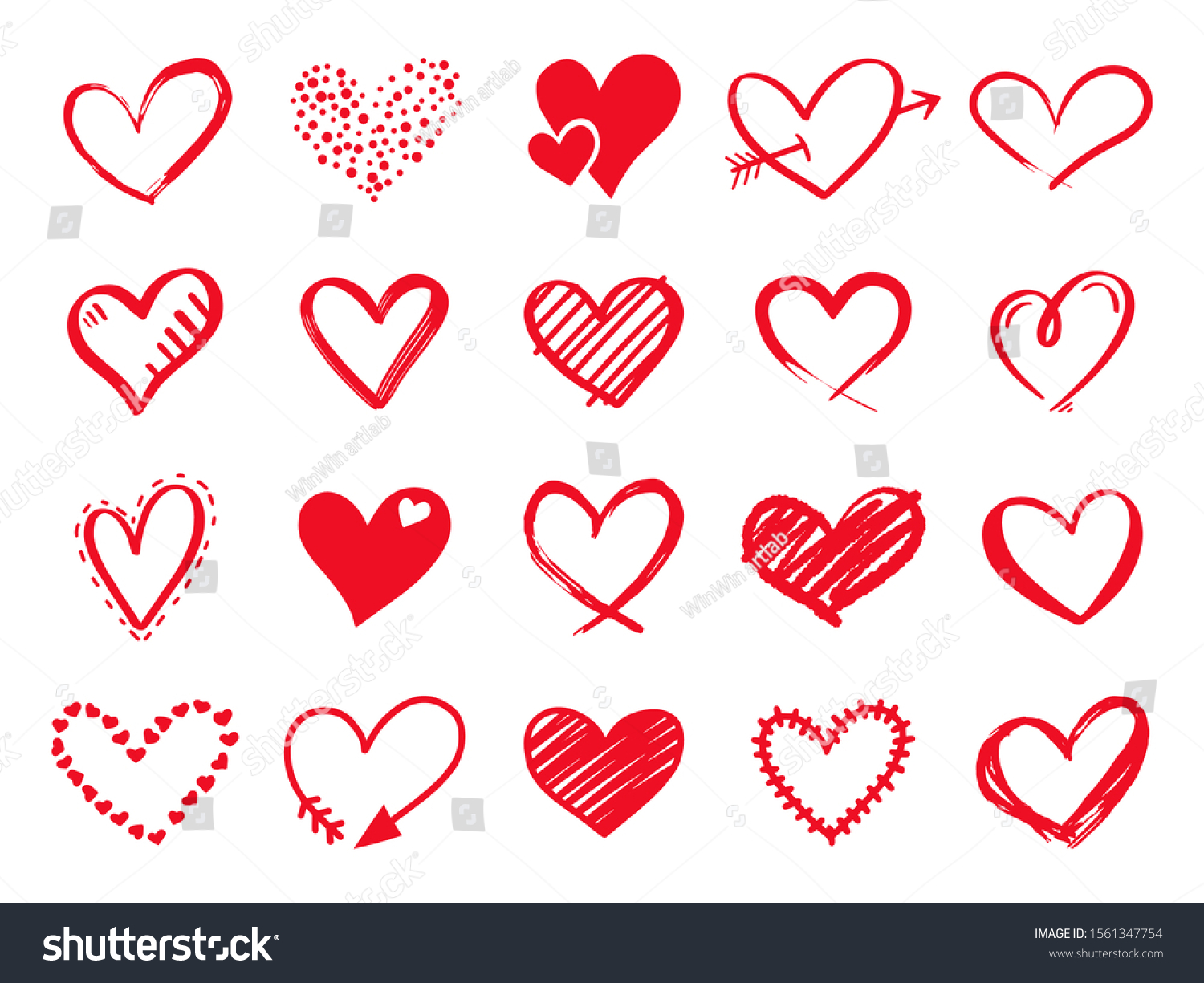 Hand drawn scribble hearts. Painted heart shaped elements for valentines day greeting card. Doodle red love hearts isolated vector icons set. Romantic sticker pack. Dotted and brush hearts