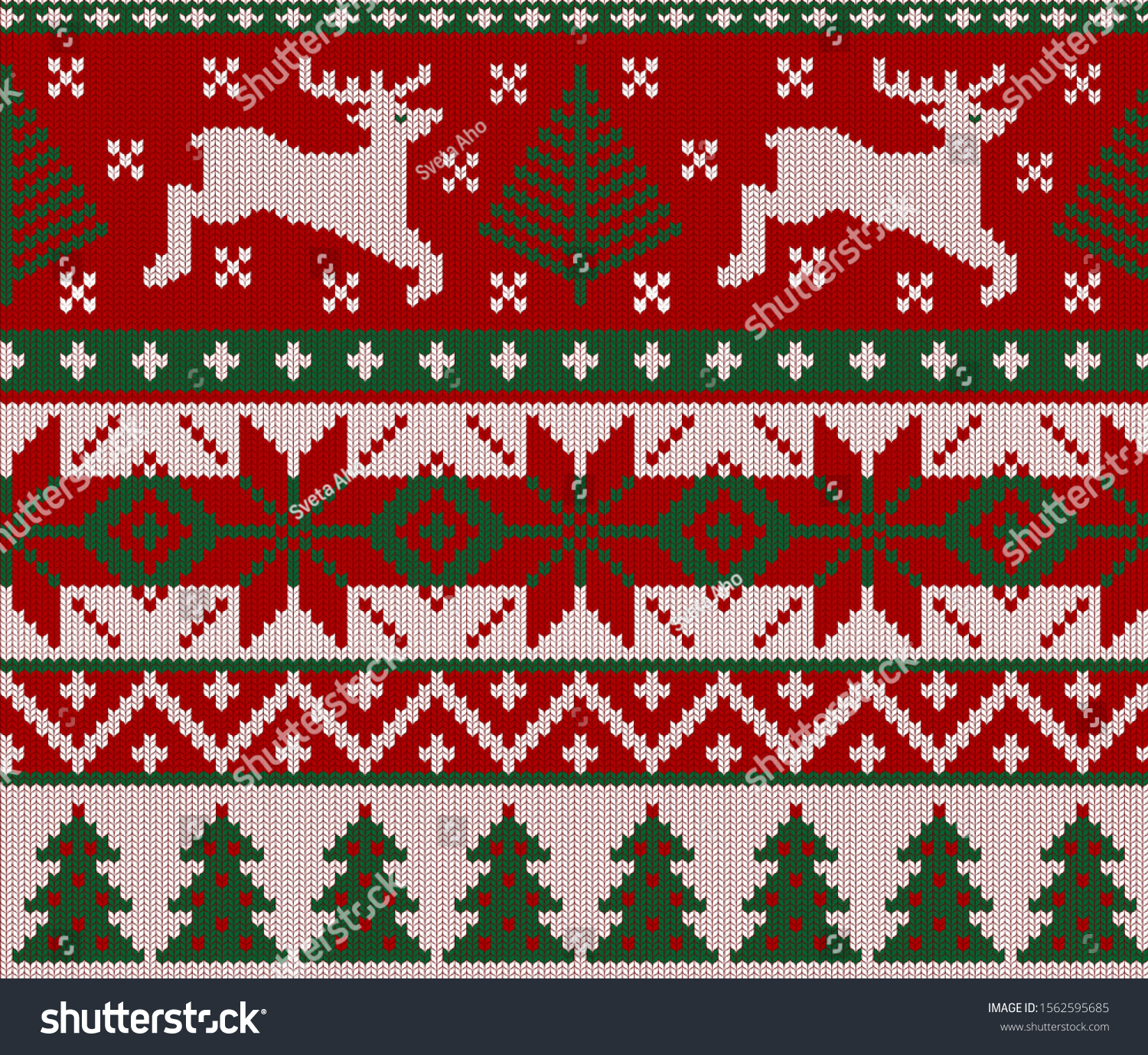 Seamless knitted green  red and white pattern with deer. Christmas backgroung