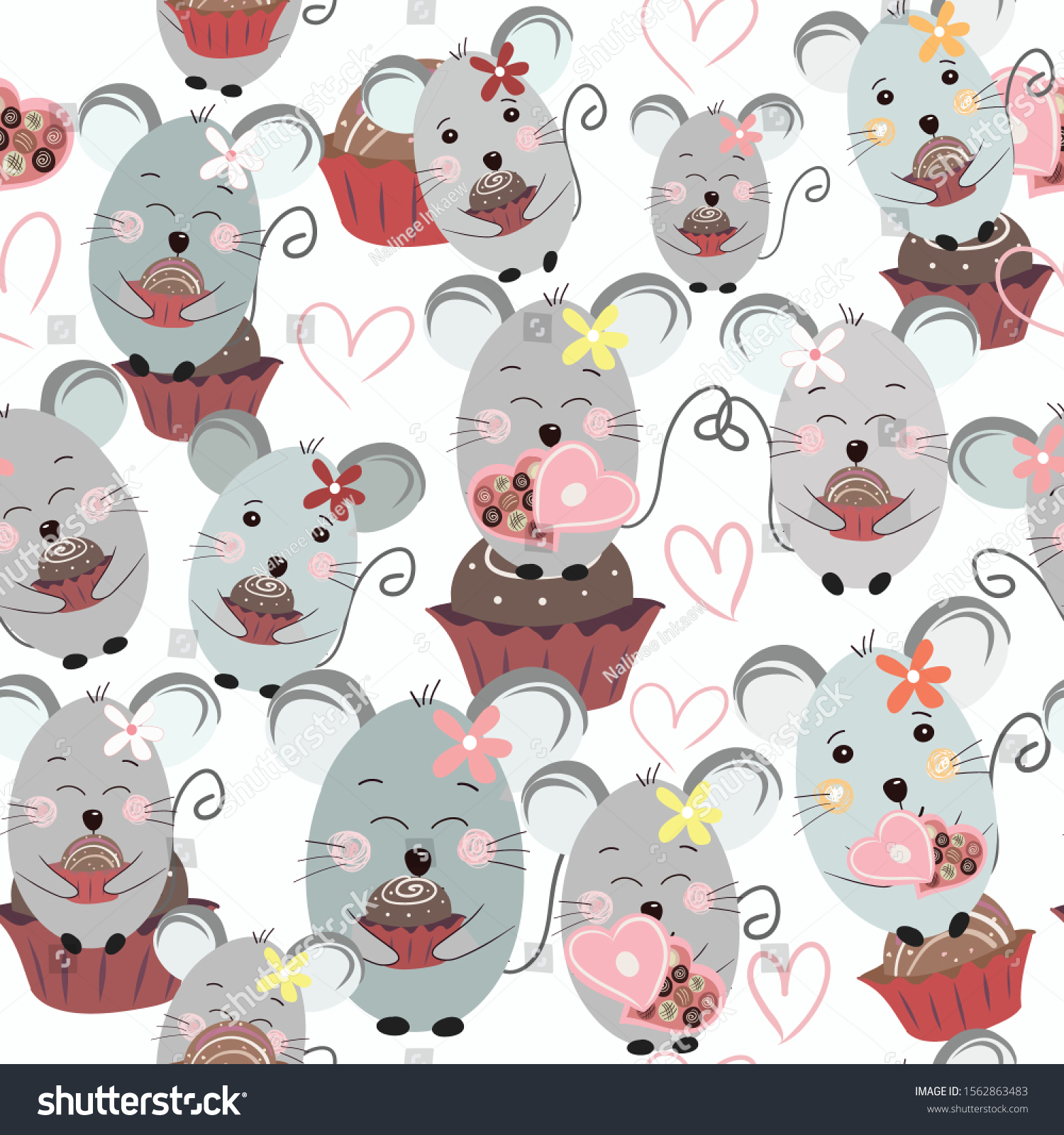 seamless pattern cute a little lady mouse having fun with chocolate illustration vector doodle comic art.