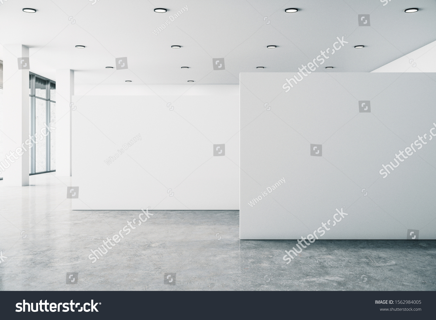 Minimalistic white gallery interior with empty poster city view and daylight. Concrete floor. Mock up 3D Rendering