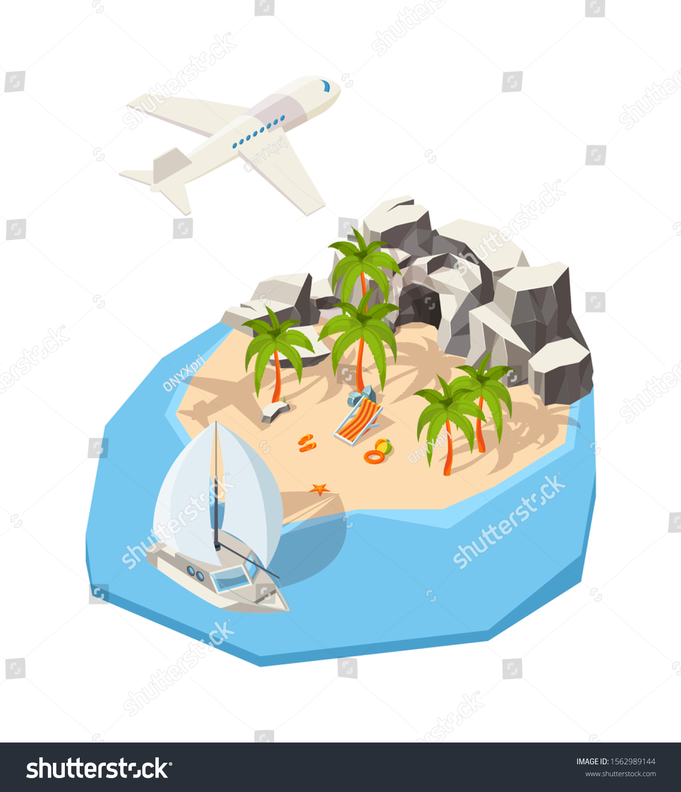 Isometric island. Dream holiday vacation at seaside summer passenger ship travel tour concept ocean vector island