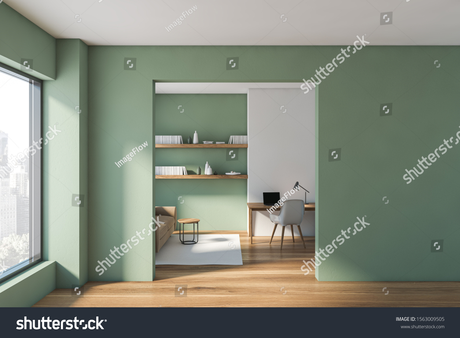 Interior of modern living room with green walls wooden floor beige sofa and wooden table with laptop on it. 3d rendering