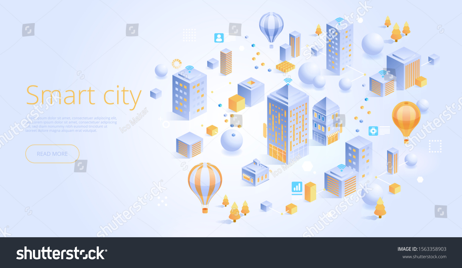 Isometric vector concept of smart city or intelligent building. Building automation with computer networking illustration. IoT platform as future technology. Management system thematic background.