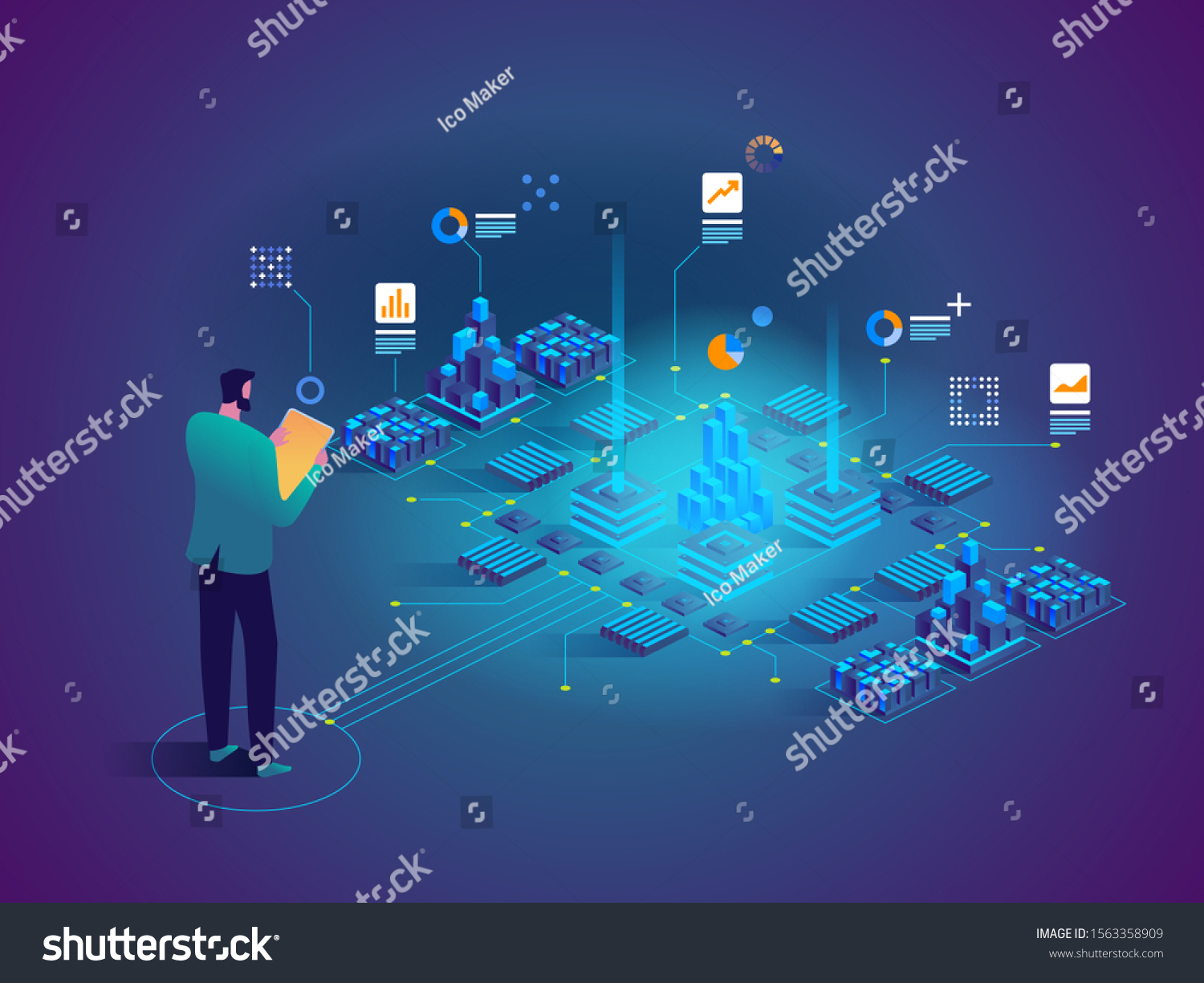 Vector isometric concept of Data analysis. Network mainframe infrastructure website layout. Technician in datacenter or data center room background. Computer storage or farming workstation.