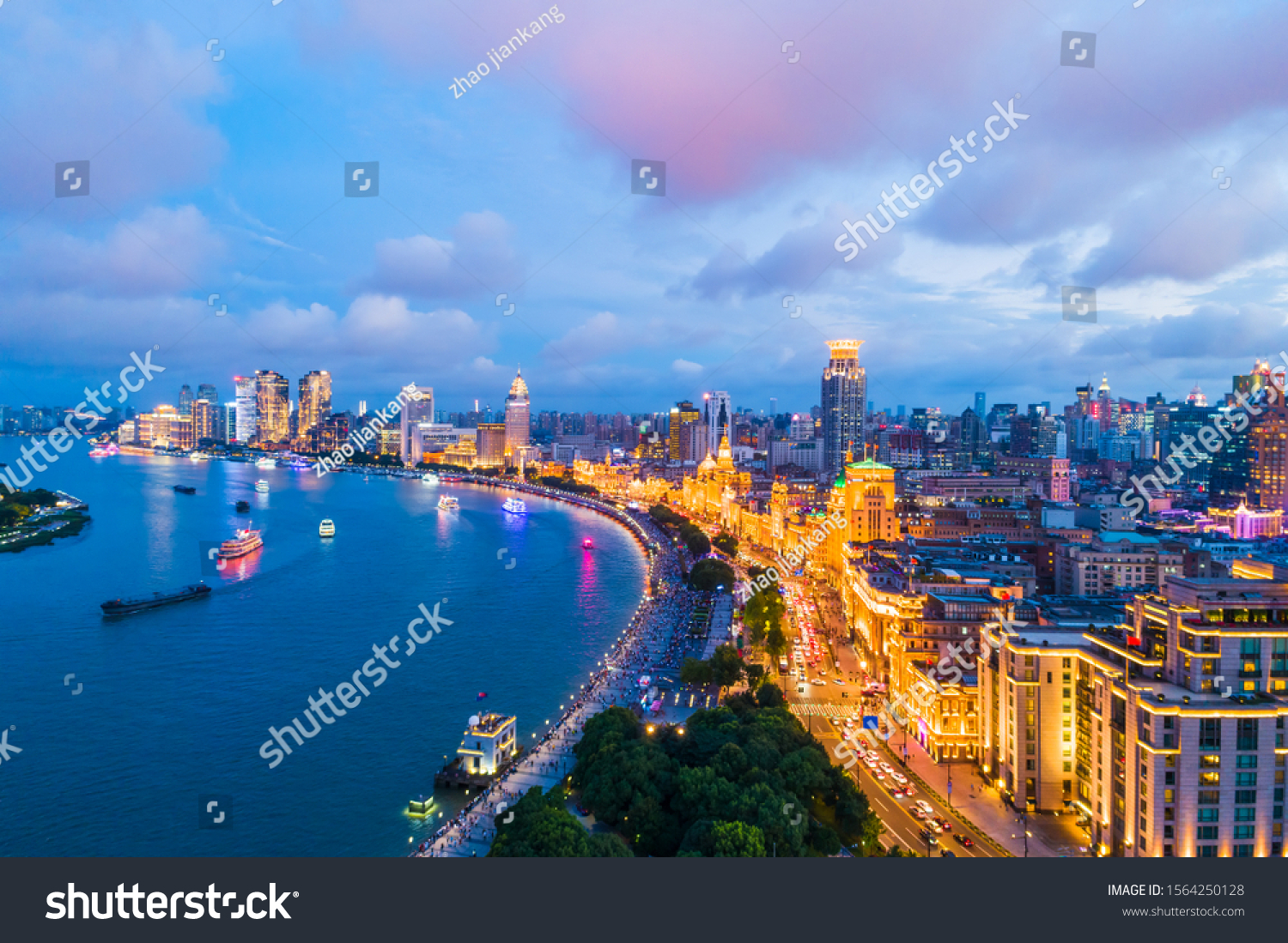 Aerial view of Shanghai skyline at night China.