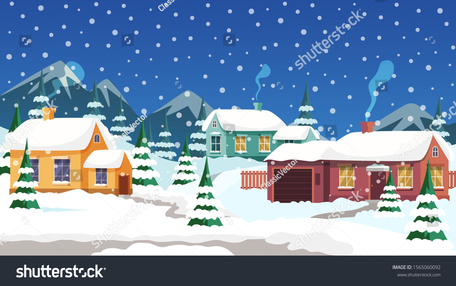 Rural winter landscape flat illustration. Snowfall in town outskirts. Snowy weather. Snow covered small houses roofs. Populated village street. Snowdrifts in yards. Evening scenery concept
