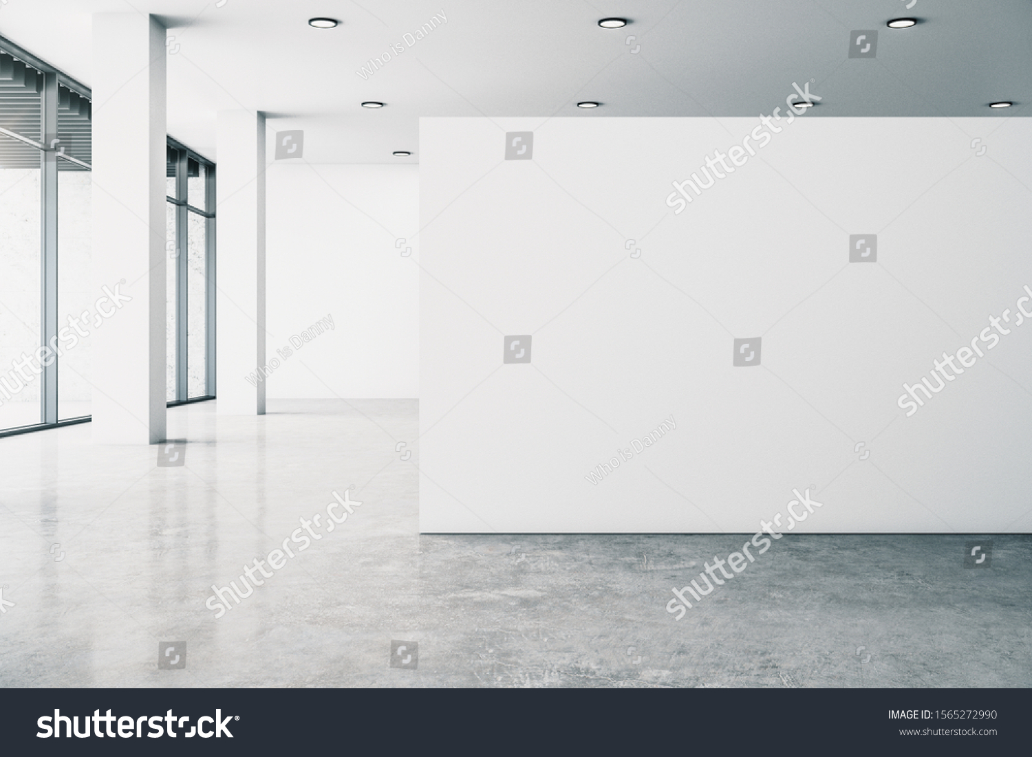 Minimalistic white gallery interior with empty copyspace city view and daylight. Concrete floor. Mock up 3D Rendering