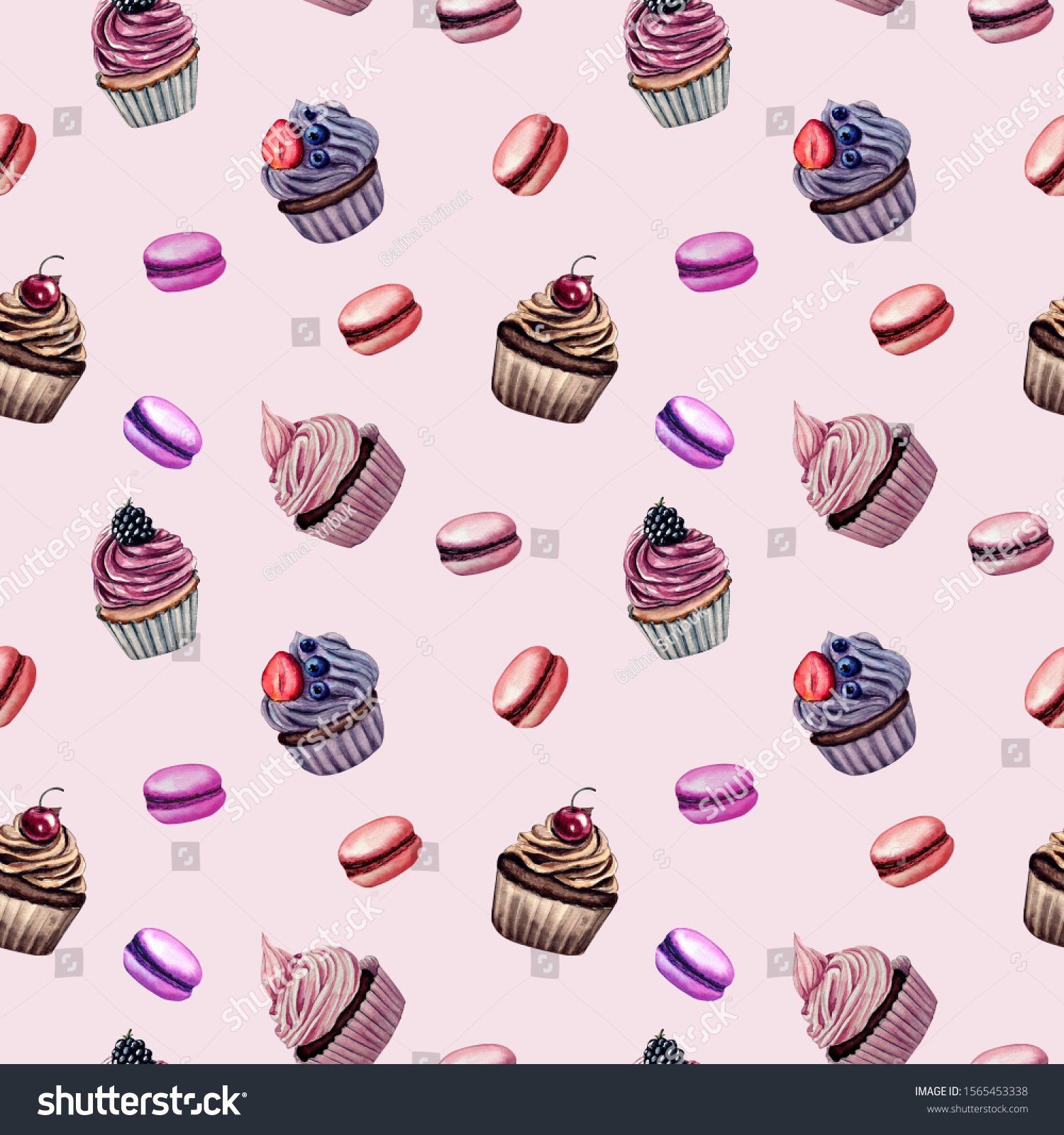 watercolor cupcakes and macaroons on a pink background. Pastry seamless pattern.