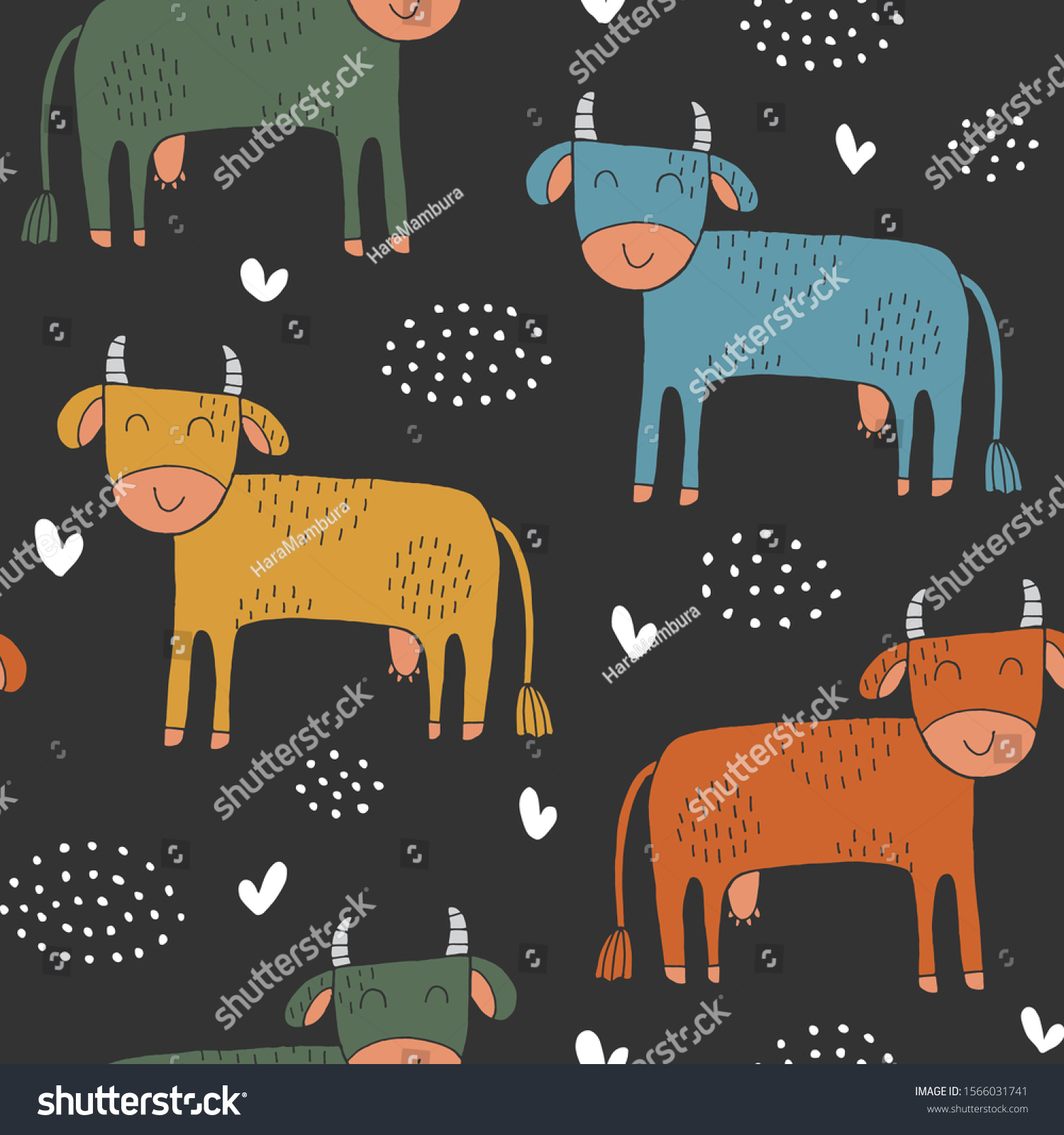 Seamless texture with funny cows and hand drawn elements. Childish background - animals on the farm. Eps10 vector line-art drawing.