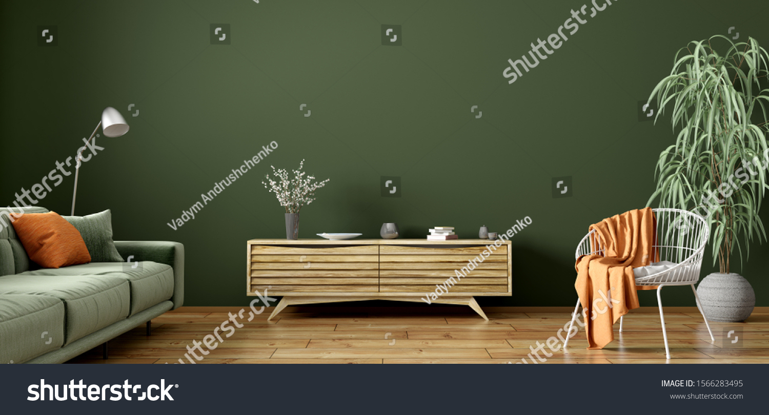Modern interior design of scandinavian apartment living room with green sofa wooden sideboard and white armchair with orange plaid 3d rendering
