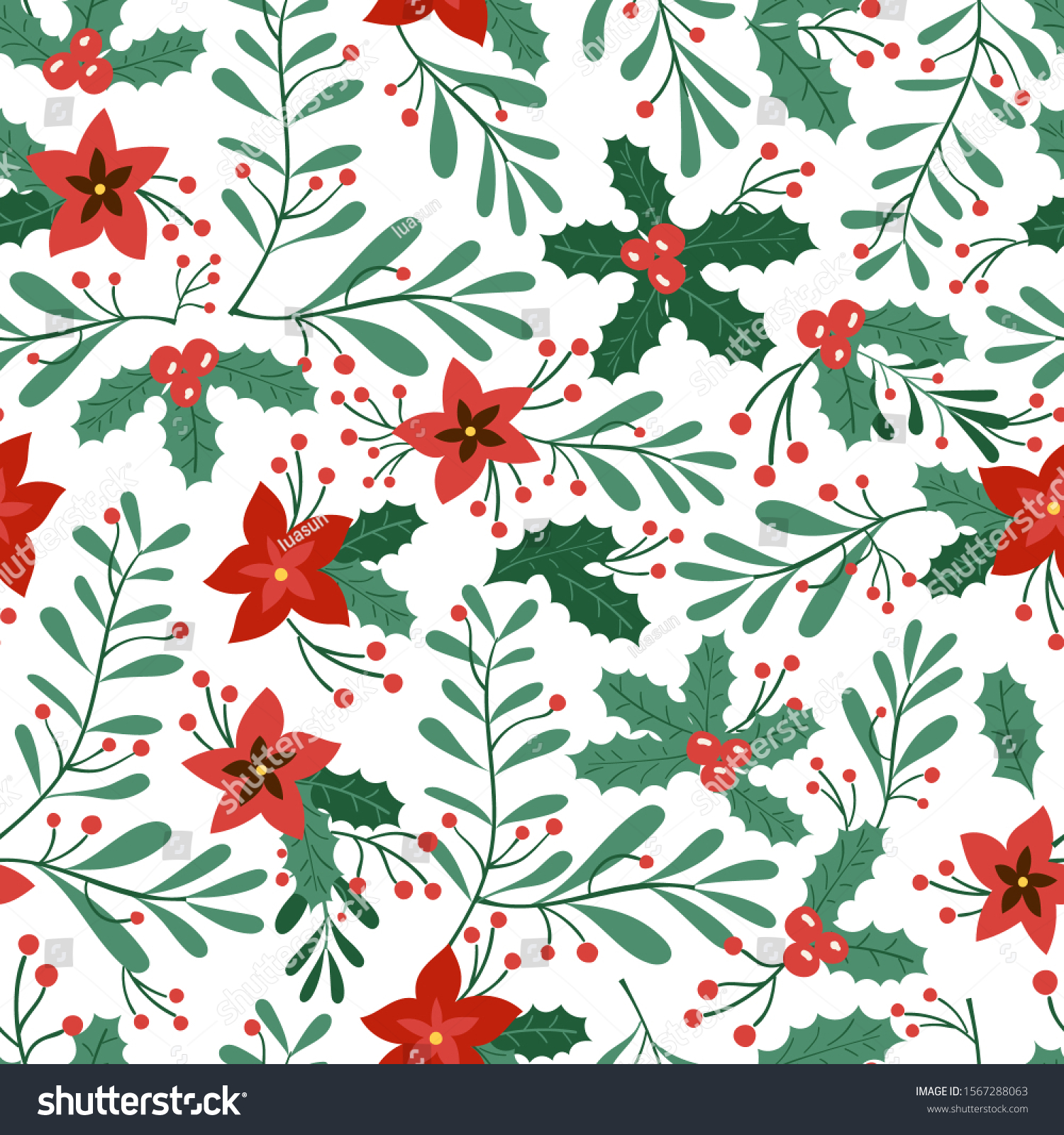 Green branch - Seamless pattern with christmas flower omela leaf_站酷海洛 ...