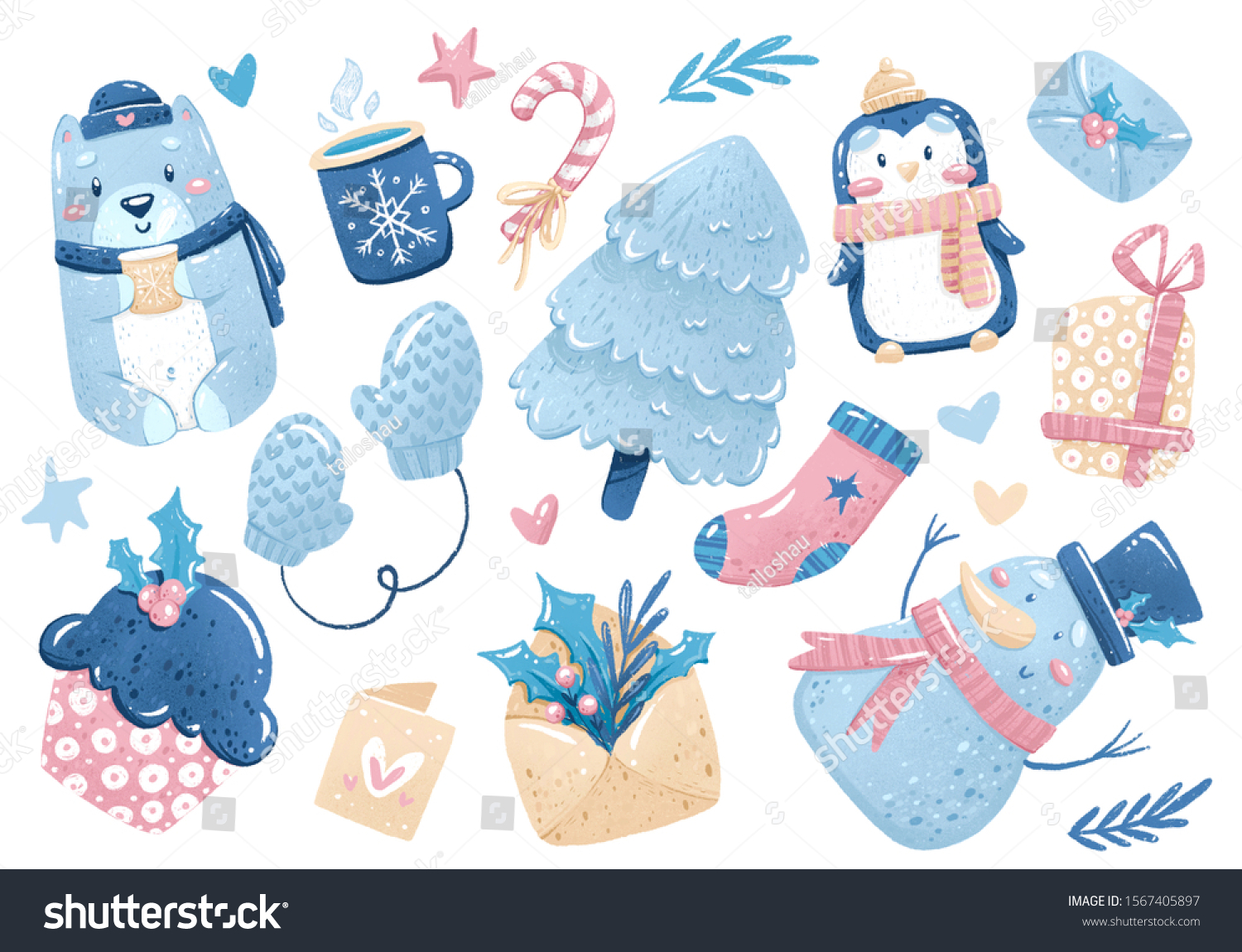 Winter set of elements and stickers for holidays and Christmas Day