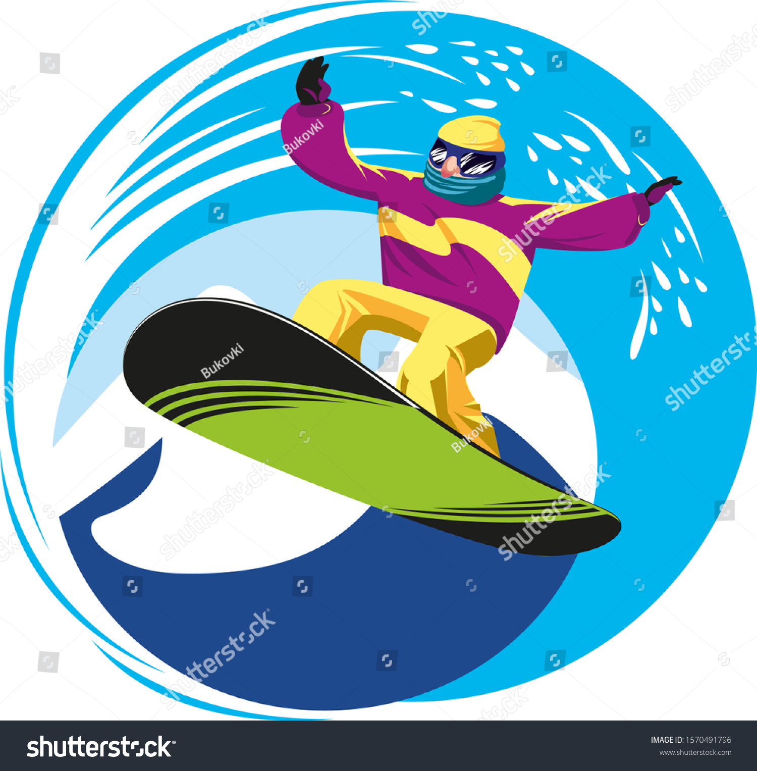 Snowboarder on a green snowboard on the background of mountains and sky