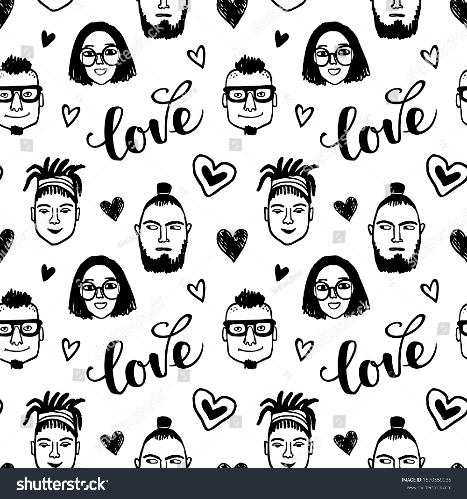 Seamless pattern. Hipster style portraits and hearts. Doodle sketches. Hand drawn vector illustration of funny characters. Valentine's day background. Love text.