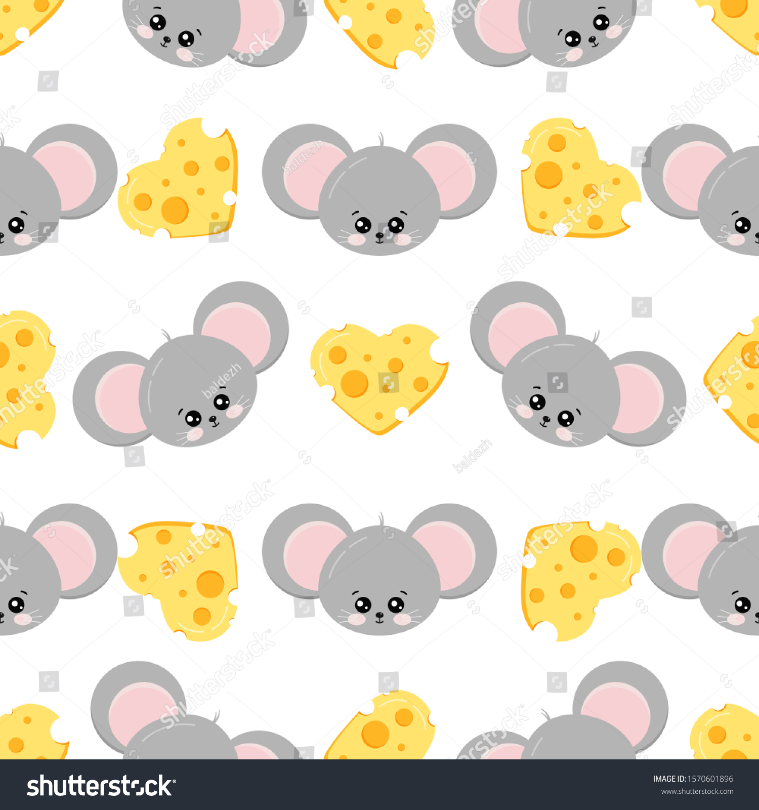 Mouse face and cheese shape of heart colorful seamless pattern on white background. Cute animal character print. Endless texture. Sample children cartoon background. Vector flat design illustration.