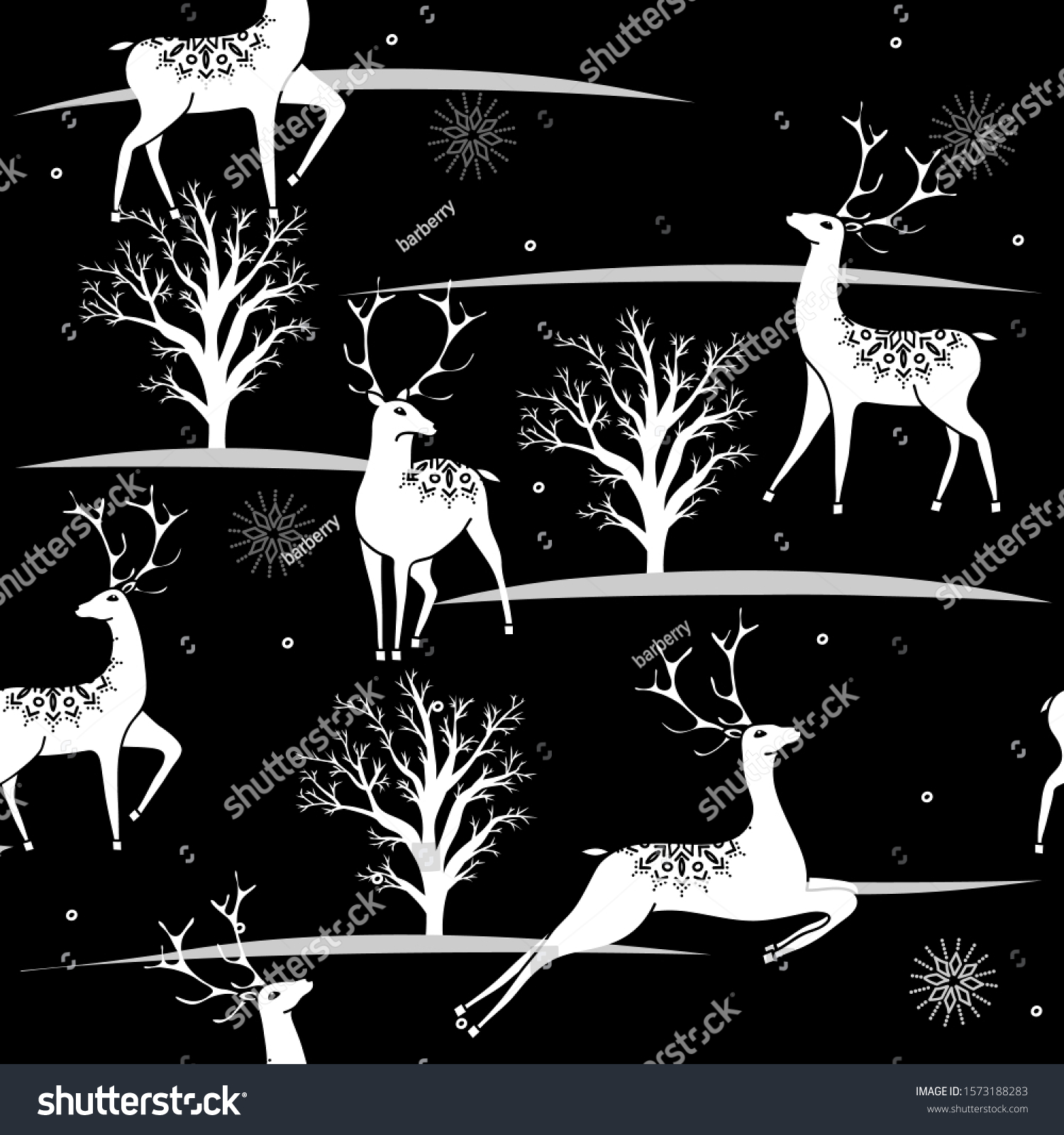 Seamless hand-drawn winter pattern with deer on black background. Vector Hand drawn background for design and decoration textile  covers  package  wrapping paper.