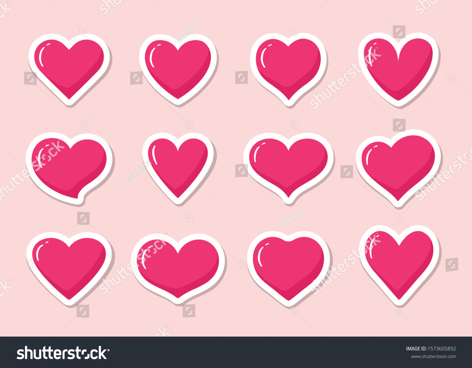Set of pink heart shaped stickers. Collection of different romantic vector heart icons for web site  sticker  label  tattoo art  love logo and Valentines day.